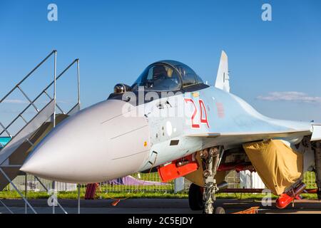 Moscow Region - July 21, 2017: Modern Russian strike fighter Sukhoi Su-35 at the International Aviation and Space Salon (MAKS) in Zhukovsky. Stock Photo