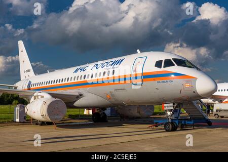 Moscow Region - July 21, 2017: Russian passenger plane Sukhoi Superjet-100 at the International Aviation and Space Salon (MAKS) in Zhukovsky. Stock Photo