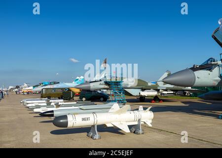 Moscow Region - July 21, 2017: Bombs and missiles for the russian air fighter at the International Aviation and Space Salon (MAKS) in Zhukovsky. Stock Photo