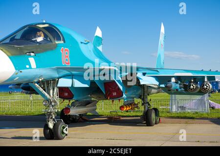 Moscow Region - July 21, 2017: New Russian fighter-bomber Sukhoi Su-34 at the International Aviation and Space Salon (MAKS) in Zhukovsky. Stock Photo