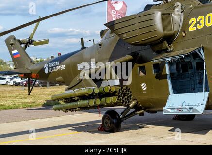 MOSCOW REGION - AUGUST 28, 2015: The armament of the Russian military helicopter Mi-24 at the International Aviation and Space Salon (MAKS) in Zhukovs Stock Photo