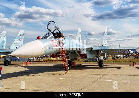 MOSCOW REGION - AUGUST 28, 2015: Russian multirole fighter Sukhoi Su-27sm3 'Flanker-C' at the International Aviation and Space Salon (MAKS) in Zhukovs Stock Photo