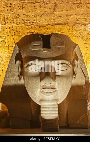 Large statue of Ramses II lit up at dusk in ancient egyptian Luxor ...