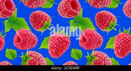Raspberry seamless pattern isolated on blue background Stock Photo