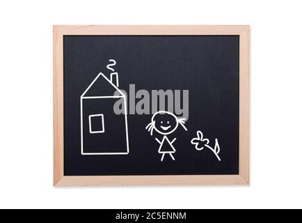 Chalkboard with child's drawing: house, flower and smiling girl, concept picture Stock Photo