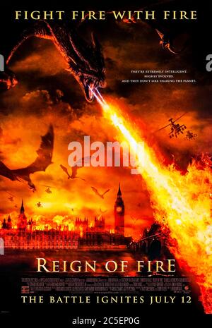 Reign of Fire (2002) directed by Rob Bowman and starring Matthew McConaughey, Christian Bale, Izabella Scorupco and Gerard Butler. Fire-breathing dragons awaken across the world and humans are forced to survive in hiding. Stock Photo