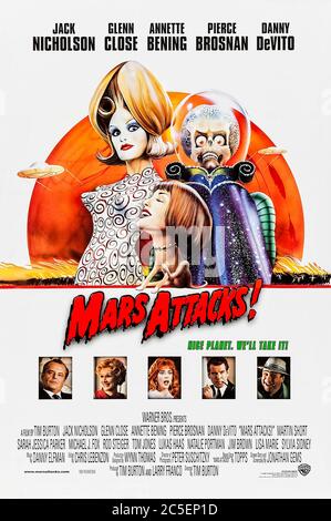 Mars Attacks! (1996) directed by Tim Burton and starring Jack Nicholson, Pierce Brosnan, Sarah Jessica Parker, Pierce Brosnan, Glenn Close and Danny DeVito. The Earth is invaded by cruel Martians based on the Topps Mars Attacks 1962 trading cards. Stock Photo