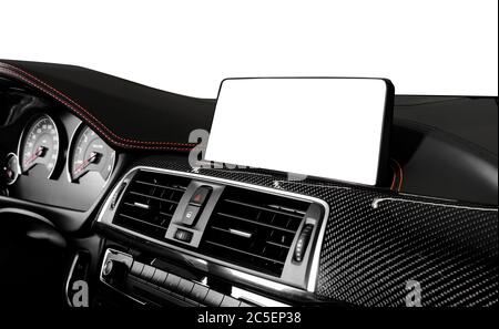 Monitor in car with blank screen. Navigation Maps concept. Car interior isolated on black Stock Photo