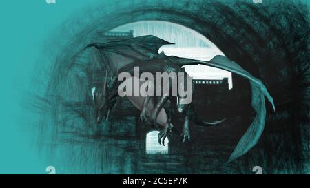 3d illustration of Dragon attacking castle of humans Stock Photo