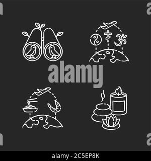 Travel and recreation chalk white icons set on black background Stock Vector