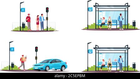 People and public transport semi flat RGB color vector illustrations set Stock Vector