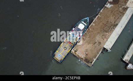 Aerial view. Container cargo ship global business commercial trade logistic and transportation oversea by container cargo vessel. Jakarta, Indonesia J Stock Photo