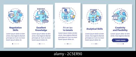Corporate lawyer skills onboarding mobile app page screen with concepts Stock Vector