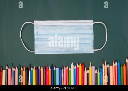 Remote schooling concept. Lockdown concept. Top above overhead view photo of mask and colorful pencils isolated on greenboard Stock Photo