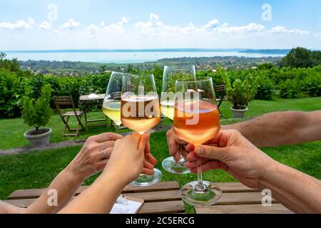 toast with wine in a vineyard bar with a nice view of Lake Balaton on a nice summer day with family friends . Stock Photo
