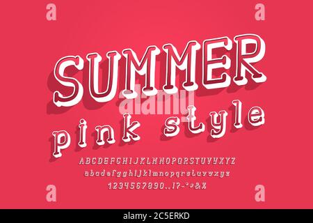 Summer pink style 3D alphabet bright modern color. Uppercase and lowercase letters, numbers, punctuation marks. Stylized retro typeface Italic serif Stock Vector