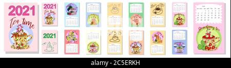 Drinks calendar: with seasonal dessert drawings of various tea, coffee, cocoa. Teas with prescription ingredients. Stock Vector