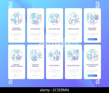 Virus protection guidelines onboarding mobile app page screen with concepts set Stock Vector