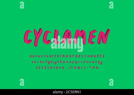 Paintbrush original 3d alphabet cyclamen flower pink colors on green background for modern design. Uppercase and lowercase letters, numbers. Vector il Stock Vector