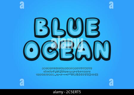 Blue ocean alphabet retro 3d typeface. Cartoon bubble font, uppercase and lowercase letters, numbers, symbols. Vector illustration. Stock Vector