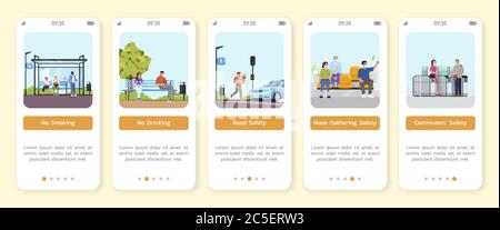 Public space safety rules onboarding mobile app screen vector template Stock Vector