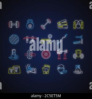 Home gym equipment neon light icons set Stock Vector