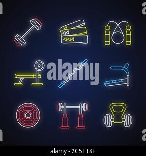 Strength training neon light icons set Stock Vector