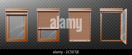 Window with roller shutter up and close. Brown plastic pvc single casement blinds. Opened and shut front view. Realistic 3d vector home facade design elements isolated on transparent background, set Stock Vector