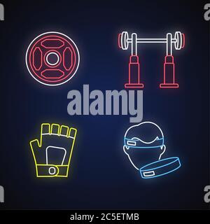 Weightlifting neon light icons set Stock Vector