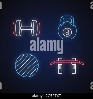 Weight training neon light icons set Stock Vector