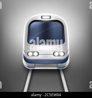 Train or metro, front view, subway locomotive on rails with windshield and illumination. Modern city transport, railway commuter isolated on gray background, Realistic 3d vector illustration