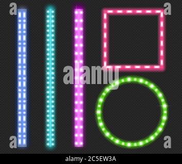 Led strips, neon light glowing luminescence decorative tape borders, green, blue, pink and purple ribbons, square and round frames with glare and lighting flashes. Realistic 3d vector illustration set Stock Vector