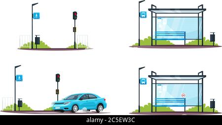 Pedestrian crossing and empty bus stop semi flat RGB color vector illustrations set Stock Vector