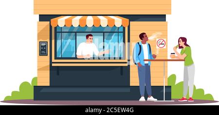 Guy smoking next to snack bar semi flat RGB color vector illustration Stock Vector