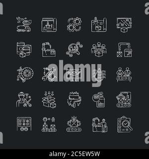 Production process chalk white icons set on black background Stock Vector
