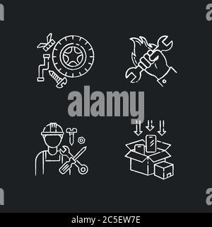 Industrial work chalk white icons set on black background Stock Vector