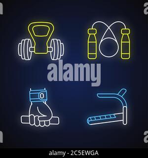 Exercise equipment neon light icons set Stock Vector