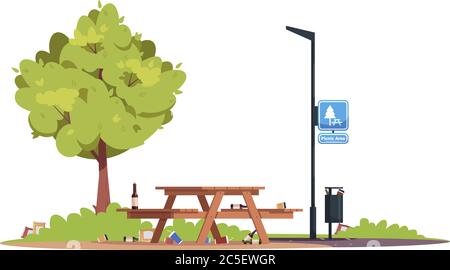 Dirty picnic area semi flat RGB color vector illustration Stock Vector
