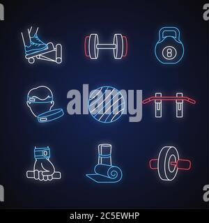 Workout equipment neon light icons set Stock Vector