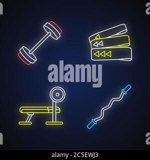 Bodybuilding neon light icons set Stock Vector