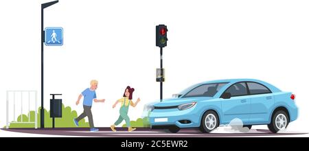 Children crossing at red light semi flat RGB color vector illustration Stock Vector