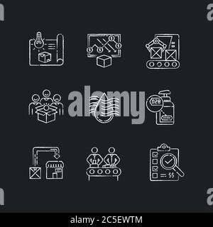 Manufacturing process chalk white icons set on black background Stock Vector