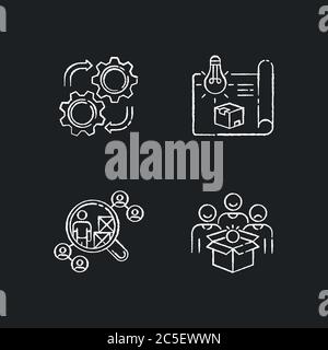 Industrial processes chalk white icons set on black background Stock Vector