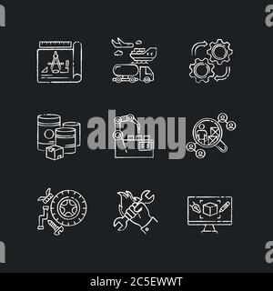 Product development process chalk white icons set on black background Stock Vector