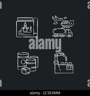 Industrial production chalk white icons set on black background Stock Vector