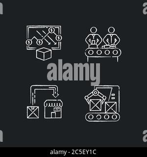 Manufacturing business chalk white icons set on black background Stock Vector