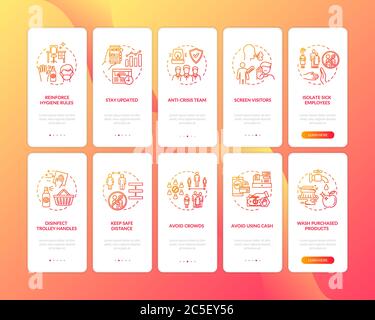 Virus protection guidelines onboarding mobile app page screen with concepts set Stock Vector