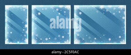 Frozen glass frames with snowflakes. Winter window border set with snow frost and ice effect isolated on transparent background Stock Vector