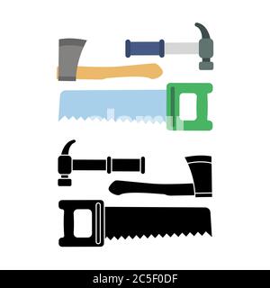 Set building tools repair, construction buildings hammer, ax, saw. Vector illustration. Stock Vector