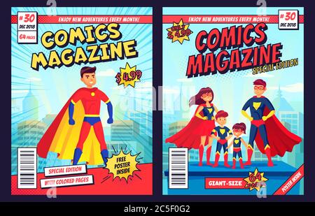 Comic book cover with super hero man and family characters. Retro magazine editable front page template Stock Vector